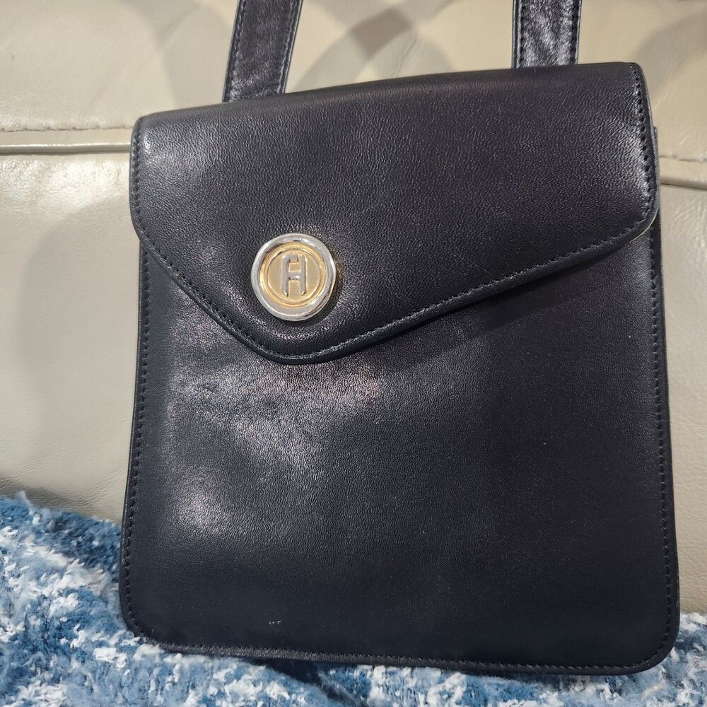 Vintage Fred Hayman Beverly Hills Black Leather Crossbody Shoulder Bag H Logo - Picture 1 of 16